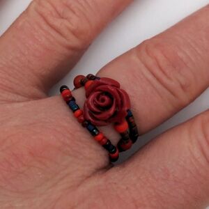 Elegant Red Rose Beaded Ring